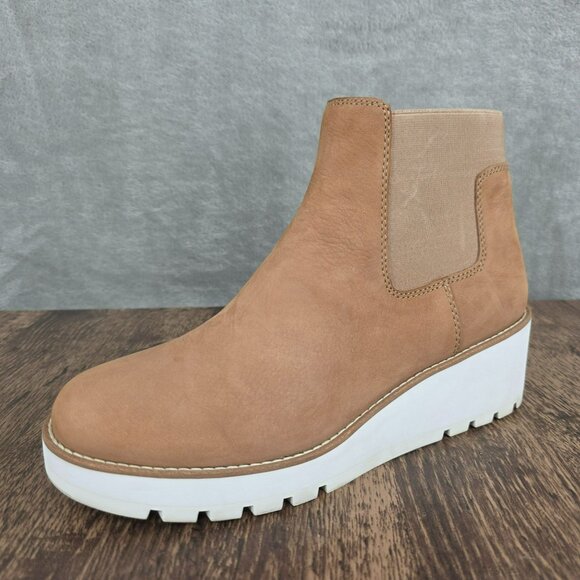 Eileen Fisher Chelsea Booties 9 Camel Brown Nubuck Leather White Wedge Side Gore - Picture 1 of 15